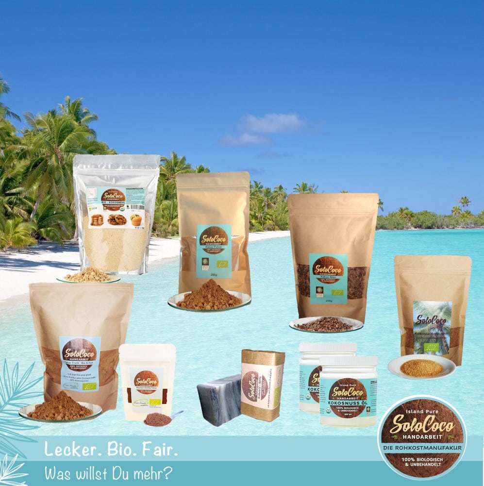 Sommerpaket Kokosöl, Kakaopulver, Kakaonibs, Kokosblütenzucker, Trinkschokolade, Kokosölseife, Vanillepulver, Kokosmehl